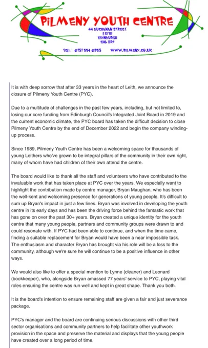 Statement from Pilmeny Youth Centre on the closure after 33 years in the heart of Leith.