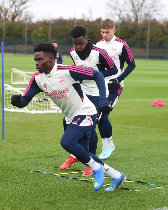 Bukayo Saka, Eddie Nketiah and Emile Smith Rowe in training at London Colney today.