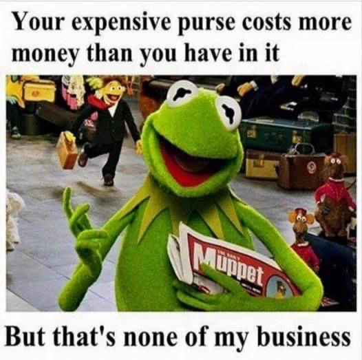 Your expensive purse costs more money than you have in it but that's non of my business Kermit The Frog meme.