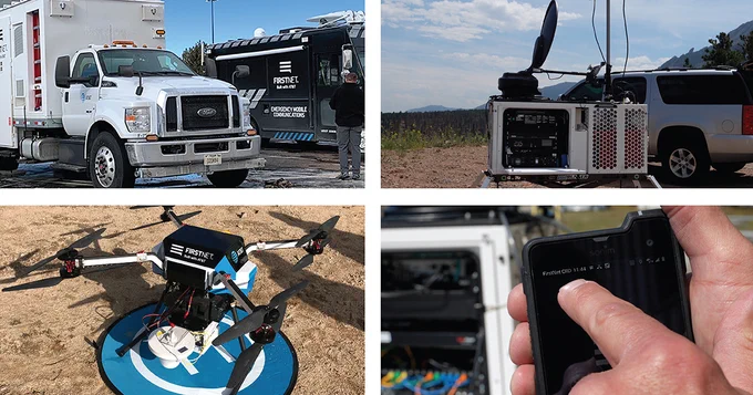 2 FirstNet SatCOLTs; FirstNet CRD; a FirstNet Flying Cell on Wings, a phone connected to a FirstNet CRD broadband signal