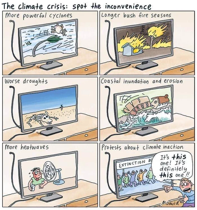 The climate crisis: spot the inconvenience:

More powerful cyclones

Longer bush fire seasons

Worse droughts

Coastal inundation and erosion

More heatwaves

Protests about climate inaction
<Wild eyed person points and shouts>
"It's this one! It's definitely this one!!"

MDavid