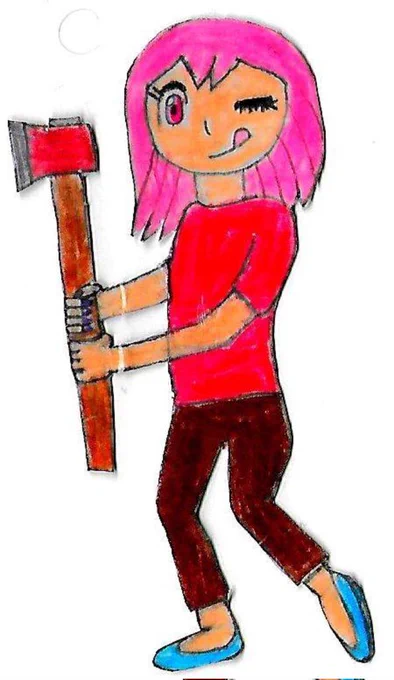 When making her I tried to think of what is cool, Pink Hair is cool and then just a simple red outfit and boom, originally she was going to have a different design which inspired her "Sister" design 