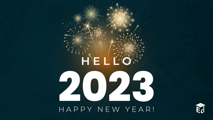 "Hello 2023 Happy New Year" and fireworks in background