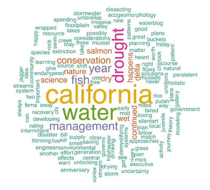 Word Cloud displaying frequent themes in California WaterBlog titles posted throughout 2022. The most frequent themes are "California", "water", "drought", "management", "fish", and "conservation". There are also varied topics in the cloud, such as "mussels", "mist", "modeling", "eco-geo-morphology", "engineers", "flows", "rice", "FEMA", "delta", "salmon", ...