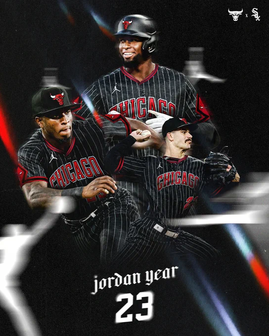Luis Robert, Tim Anderson and Dylan Cease in Chicago Bulls style baseball uniforms with white pinstripes, red detailing and the Bulls logo on the sleeves and hats. 