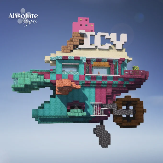 Ice cream truck in Minecraft. Cyberpunk style. Inspired by the concept art of Marina Couso.
