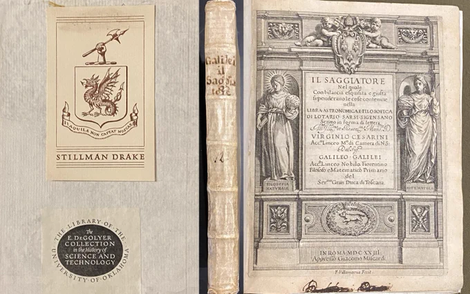 Images from Galileo’s 1623 book Il Saggiatore: bookplates (Stillman Drake and DeGolyer Collection), spine; and title page (with illustrations including personifications of “filosofia naturale” & “mathematica” and a lynx)  