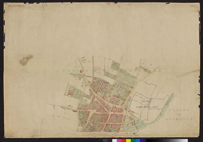 A colourised street plan, taken from the Map of Stratford-upon-Avon, produced by the Ordnance Survey for the Board of Health 1851. Collection reference BRT7/9