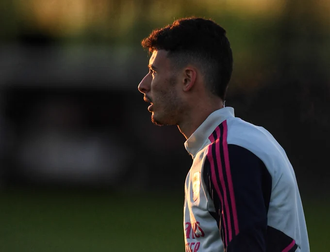 A side profile shot of Gabriel Martinelli during training today at London Colney.