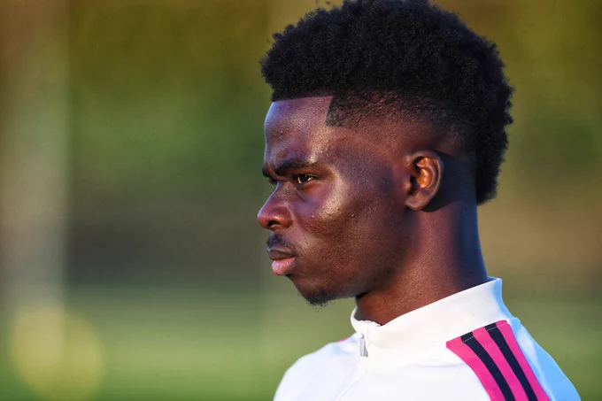 Bukayo Saka during today's training session at London Colney.