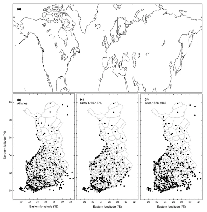(a) Study region located in the Northern Hemisphere. (b, c, d) Map of Finland showing the phenological sites over the full period (1750-1965), the early period (1750-1875), and the late period (1876-1965)