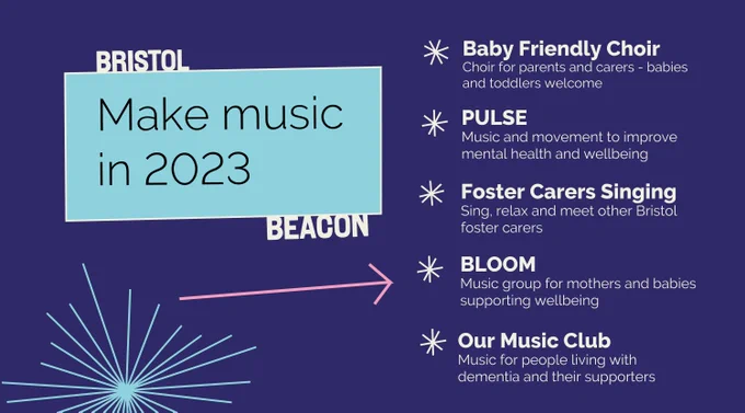 A purple banner saying 'Make music in 2023 - Baby Friendly Choir, Pulse music and movement sessions, Foster carer singing group, Bloom music group for mothers and babies and Our Music Club for people with dementia