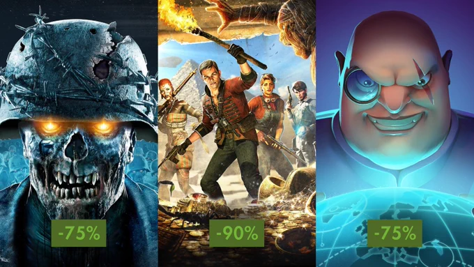 Three images from three different Rebellion games: Zombie Army 4, Strange Brigade and Evil Genius 2, each with a green block showing a discount of 75% off, for Zombie Army 4, 90% off for Strange Brigade and 75% off for Evil Genius 2.