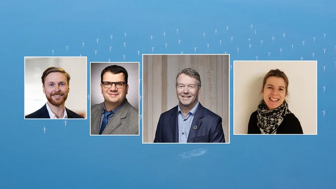 Fra venstre i bildet: Johannes Magnus, næringspolitisk rådgiver Bergens næringsråd, Cristian Guillermo Gebhardt, påtroppende direktør BOW, Olav Osvoll, administrerende direktør i Eviny Fornybar, og Kristine Spildo, visedekan for klima og energi ved Universitetet i Bergen 
Bakgrunnsbilde er fra Sheringham Shoalm april 2022 
Foto/ill.: Anna Therese Klingstedt