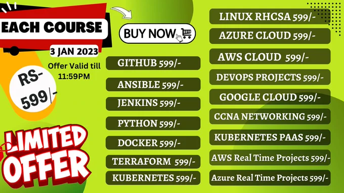 Buy Each DevOps Course at just ₹599/- only.
Do Hurry!
Limited offer at reasonable price.
For Further queries or concern, contact to our Helpdesk number- 8595086419

#aws #linux #devops #jenkins #kubernetes #github #azure #ansible #python #maven #sonarqube #gcp #cloud #architect #software #engineer #technicalcloudknowledge #offer #devosptraining #devopssoftware #linuxrhcsa #terraform #docker #realtimeprojects #projects #devopslearn #learning #itandsoftware