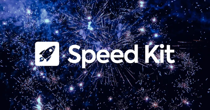 The Speed Kit logo, a rocket with the lettering Speed Kit, in front of fireworks in blue and purple