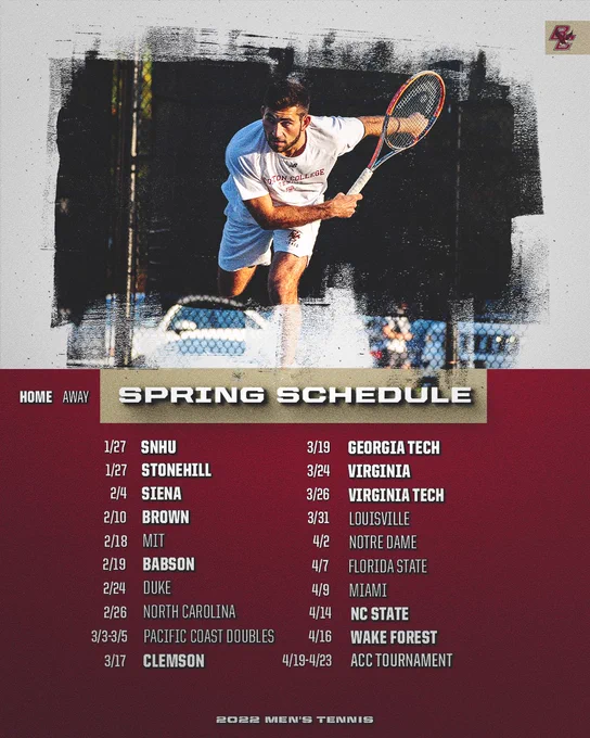 Boston College Men’s Tennis Spring Schedule