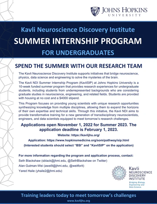 Title: Kavli Neuroscience Discovery Institute Summer Internship Program for Undergraduates
Body: The Kavli Neuroscience Discovery Institute supports initiatives that bridge neuroscience, physics, data science and engineering to solve the mysteries of the brain. 
The Kavli NDI Summer Internship Program (KavliSIP) at Johns Hopkins University is a 10-week funded summer program that provides research experiences for undergraduate students, including students from underrepresented backgrounds who are considering graduate studies in neuroscience, engineering, and related fields. Students are provided with housing at no cost and a $4000 stipend.
The application deadline is February 1, 2023.
Website: https://kavlijhu.org/ 
Application: https://www.hopkinsmedicine.org/som/pathway/sip.html
(Interested students should select “BSI” and “KavliSIP” on the application)

For more information, contact:
Seth Blackshaw (sblack@jhmi.edu)
Alan Gutman-Wei (awei9@jhmi.edu)
Yared Haile (yhaile2@jhmi.edu)