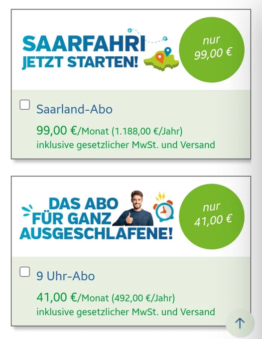 Zwei Kaufkacheln - die erste bietet das Saarland-Abo für 99 EUR an, die Zweite das 9 Uhr Abo für 41 EUR 