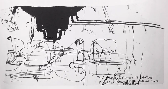 Stephen Cripps. A Speaker being subjected to Extreme Distortion throws out Ball Bearings onto Percussion. Late 1970s. @TCmargate on Sat 7 January 2023 - a day of discussion, film, live performance and a book launch. Info here: shorturl.at/frt48 #booklaunch #stephencripps #pyrotechnics #cannons #performanceart #monuments @AntenneBooks @acmestudios @TCmargate @EverydayPress
