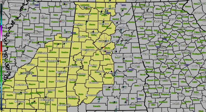 Gulf Coast regional map showing counties with a Tornado Watch in effect until 5 pm Central Time, shaded in yellow. Locations along and west of Interstate 65 are under the Tornado Watch.
