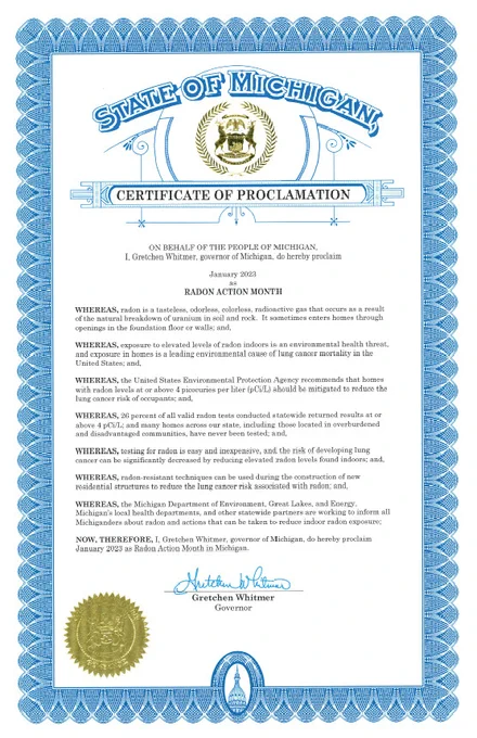 Screenshot of Governors Proclamation of Radon Action Month found at  https://www.michigan.gov/radon
