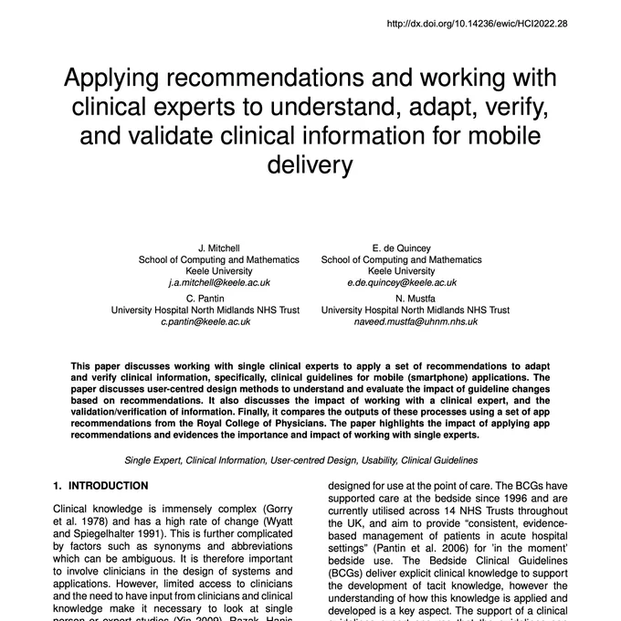 Applying recommendations and working with clinical experts to understand, adapt, verify, and validate clinical information for mobile delivery.