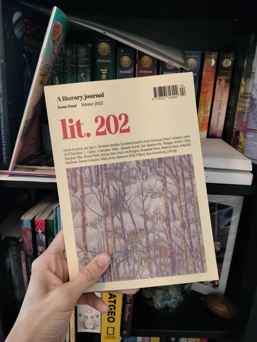 Hand holding Issue 4 of Lit.202 Magazine. In the background, there is a bookshelf filled with books and art. 