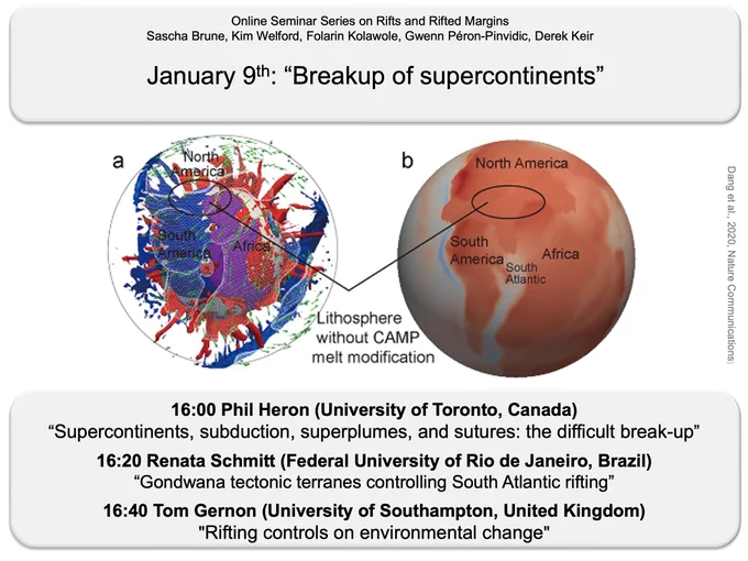 Topic: Breakup of Supercontinents 
Time: 9th January, 16:00 CET 
 
16:00 Phil Heron (University of Toronto, Canada)  
“Supercontinents, subduction, superplumes, and sutures: the difficult break-up” 
 
16:20 Renata Schmitt (Federal University of Rio de Janeiro, Brazil)  
“Gondwana tectonic terranes controlling South Atlantic rifting ” 
 
16:40 Tom Gernon (University of Southampton, United Kingdom)  
"Rifting controls on environmental change" 