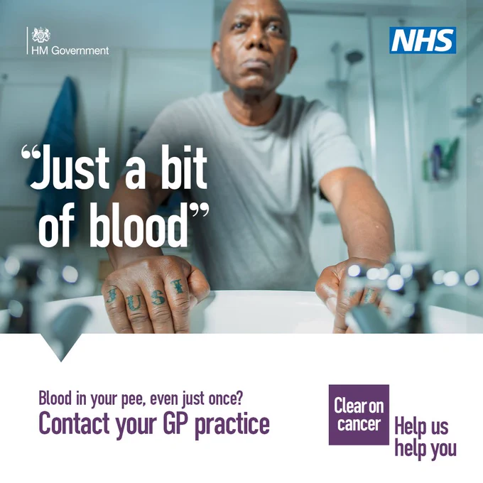 'Just a bit of blood.' Blood in your pee, even just once? Contact your GP practice. Clear on cancer. Help us help you. 