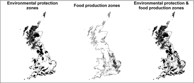 Three maps showing areas of GB which are typically excluded in energy policy and modelling: National Parks, Areas of Outstanding Natural Beauty, peatlands and high-quality agricultural land.
