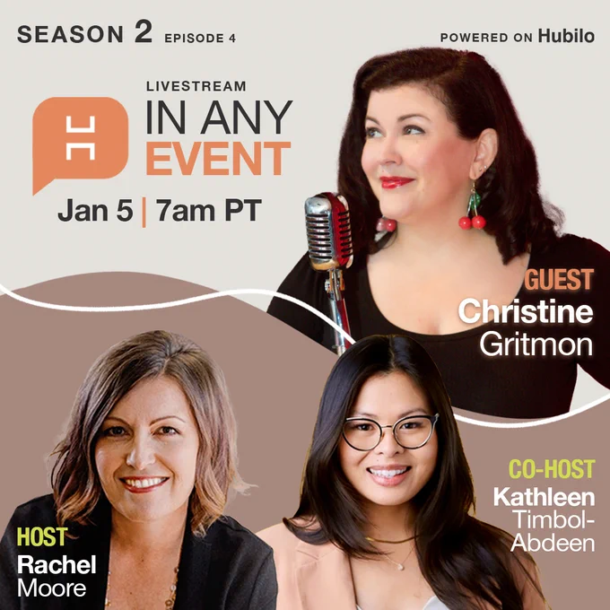 Christine Gritmon, a personal brand expert, will be live on January 5 at 7am PT, 10am ET on Hubilo's live stream show, In Any Event.