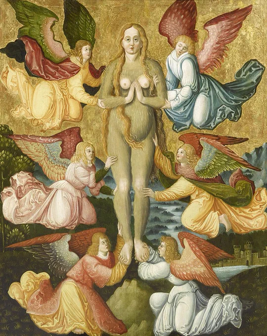 Church icon of a fair-haired woman covered in body hair except for her hands, breasts, and feet. She has her hands together in prayer, and she is surrounded by angels