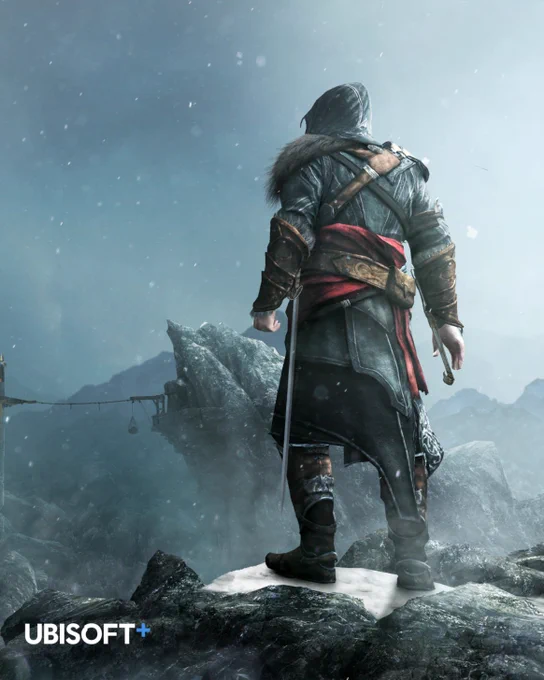 Ezio Auditore wears his black outfit from Assassin's Creed Revelations. He stands on top of a mountain and looks at something off camera.