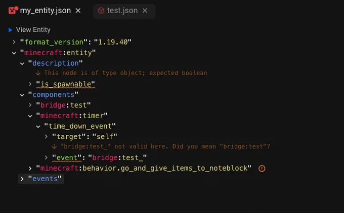 Screenshot of bridge.'s tree editor with warnings and hints appearing above certain tree editor nodes