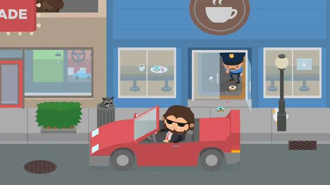 A still image of Sasquatch driving a red car in the town from Sneaky Sasquatch.