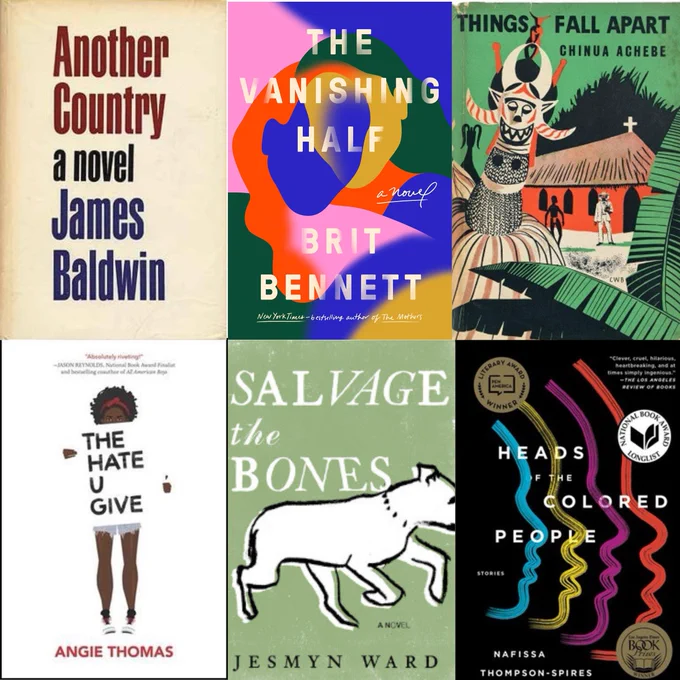Square graphic with the colorful photos of six books centering Black and African experiences: Another Country by James Baldwin; The Vanishing Half by Brit Bennett; Things Fall Apart by Chinua Achebe;  The Hate U Give by Angie Thomas; Salvage the Bones by Jesmyn Ward; Heads of the Colored People by Nafissa Thompson-Spires.