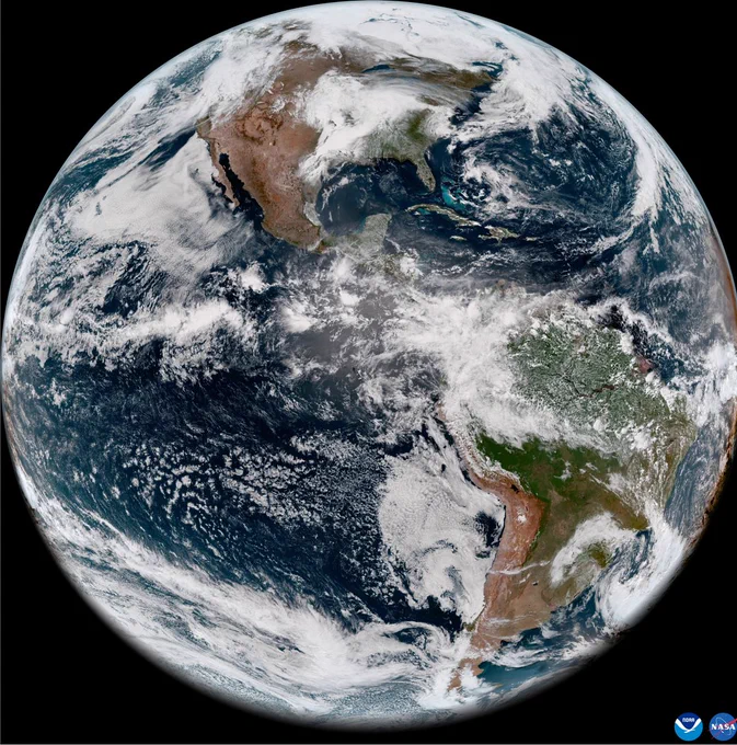 This image of Earth’s Western Hemisphere was captured by GOES-18 on May 11, 2022. The Americas are visible, in shades of green and brown, between numerous white clouds. Credit: NOAA
