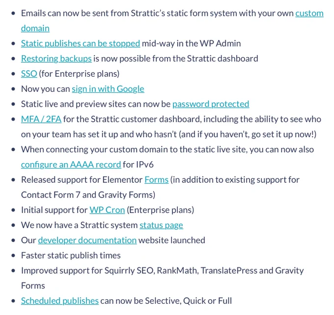 A screenshot list of technical updates from Strattic about howt their web hosting service got better in 2022.