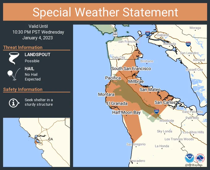 This graphic displays a special weather statement plotted on a map. The statement is in effect until 10:30 PM PST.  The statement includes San Mateo CA, South San Francisco CA and  San Bruno CA.  A strong thunderstorm will impact portions of northwestern San Mateo and southeastern San Francisco Counties through 1030 PM PST. The threats associated with this storm are wind gusts up to 55 MPH and no hail is expected. Seek shelter in a sturdy structure until the storm passes.