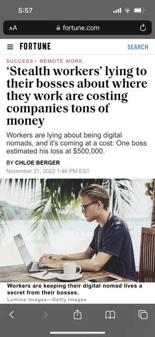 Fortune Magazine. ‘Stealth workers’ lying to their bosses about where they work are costing companies tons of money
Workers are lying about being digital nomads, and it's coming at a cost: One boss estimated his loss at $500,000.