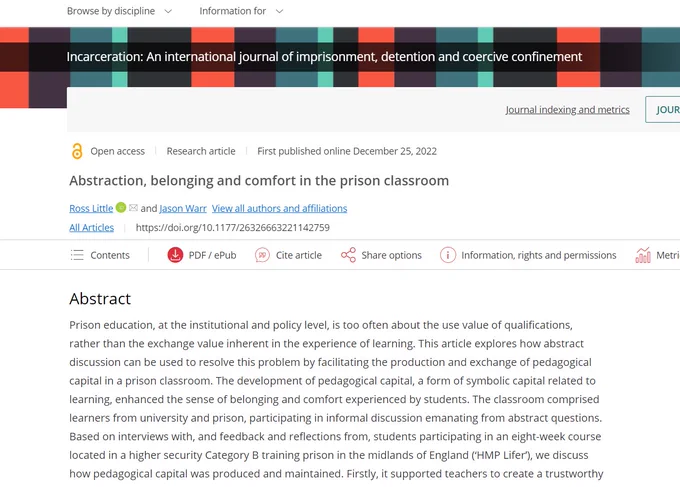 Research article: Abstraction, Belonging and Comfort in the Prison Classroom