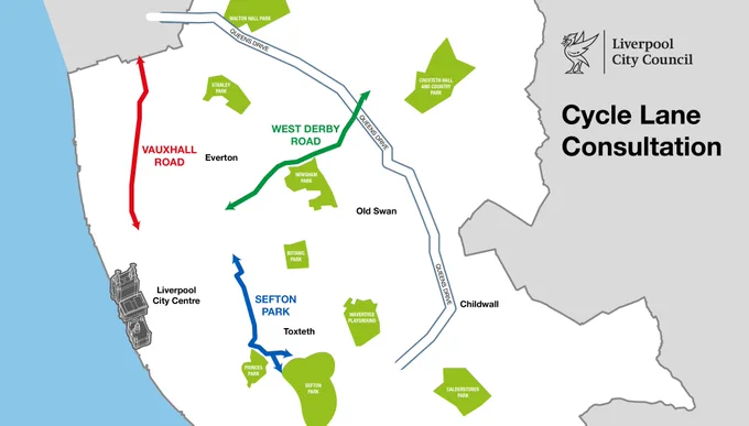 Map showing proposed routes of three new permanent cycle lanes in Liverpool.