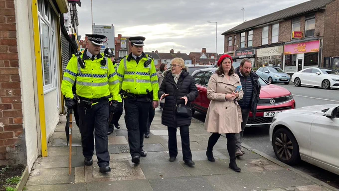 PCC Emily Spurrell with Angela Eagle MP and officers from Wirral Police on a walkabout in Wallasey Village