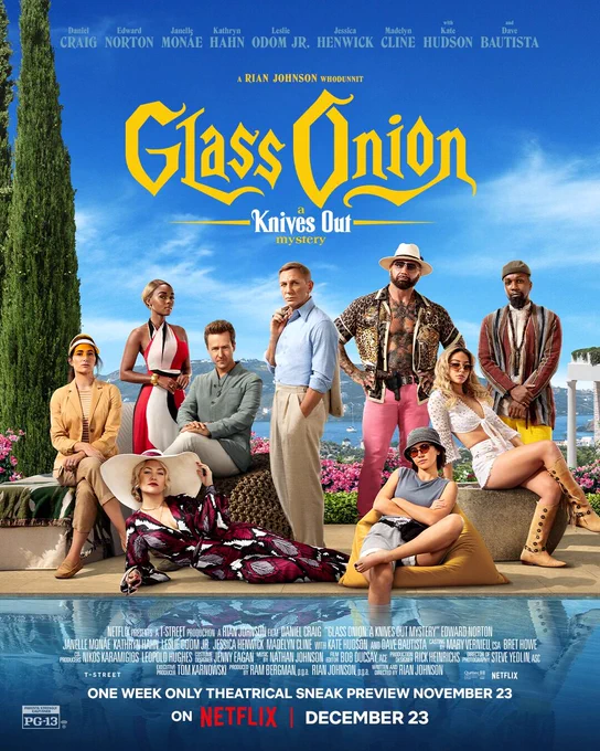 Official movie poster for the Netflix film "Glass Onion: A Knives Out Mystery."