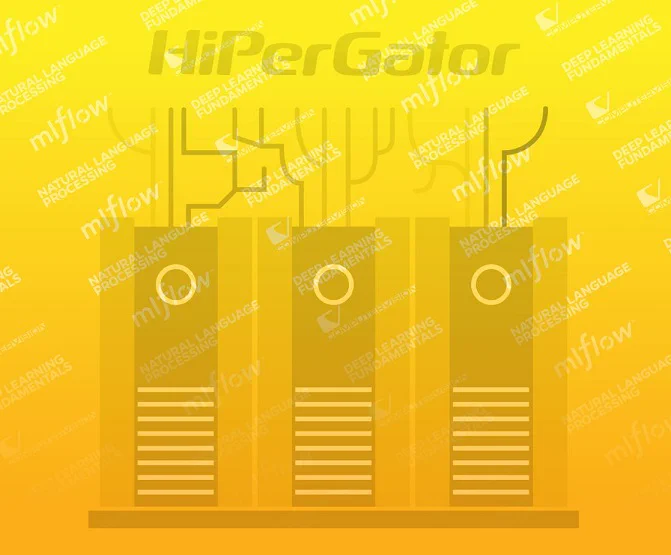 GRAPHIC: HiPerGator animation with Spring 2023 training options listed on yellow background. University of Florida.