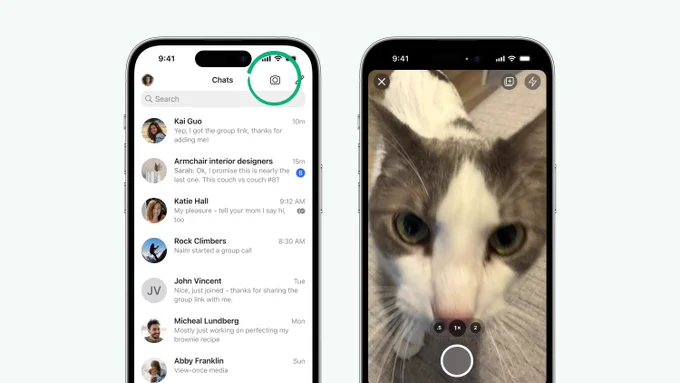 Two images of iOS phone screens. The one on the left shows a highlighted camera icon in the top right corner, which is where the in-app camera lives in Signal. The second screen shows a closeup photo of a cat looking curiously and demandingly at the camera.