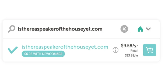 screenshot of the option to buy "is there a speaker of the house yet .com" domain name