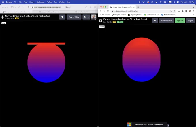 Left frame is Safari rendering a circle with a gradient of red to blue, top to bottom and a red horizontal line attached to the top of the circle. Right frame is Chrome rendering a circle with a gradient of red to blue without any horizontal line artifacts.