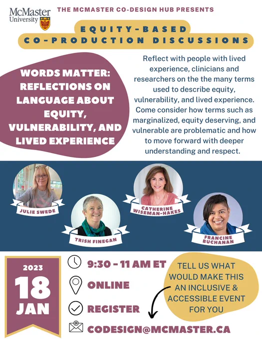 Poster for the next McMaster Co-Design Hub Equity-Based Co-Production Discussions "Words Matter: Reflections on language about equity, vulnerability and lived experience".